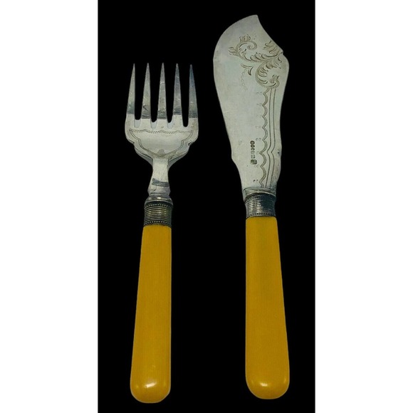 H.F & Co. Silver Plate Master Fish Fork and Knife Set Celluloid Handles 1910 - Picture 2 of 8